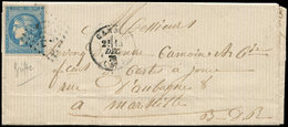 Let EMISSION DE BORDEAUX 45A  20c. Bleu, T II, R I, Variété "griffe Blanche", Obl. GC 720 S. LAC, Càd T16 CANNES 14/12/7 - 1870 Bordeaux Printing