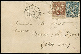 Let LETTRES DE PARIS N°67 20c. Brun Lilas + N°90 15c. Bleu, Obl. Càd Octog. Pl. De La Bourse E1 8/9/82 S. Env., TB - 1849-1876: Klassik