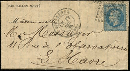 Let BALLONS MONTES N°29 Obl. GC 4290 S. Gazette N°17, Càd T17 VINCENNES 19/12/70, Amb. PARIS AU HAVRE, Pour Le Havre, TB - Krieg 1870