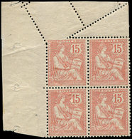 ** VARIETES 125   Mouchon Retouché, 15c. Vermillon, BLOC De 4 Cdf, Un Ex. Piquage OBLIQUE, 2 Ex. *, TB - Ungebraucht