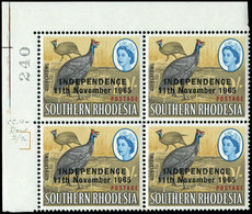 ** RHODESIE DU SUD 127 : 10s. Chamois, Bleu Et Rouge, Surch. INDEPENDENCE/11th Novembre 1965, BLOC De 4 Cdf Numéroté, Un - Rhodésie Du Sud (...-1964)