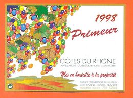 étiquette Vin De Cotes Du Rhone Primeur 1998 Vignerons De Laudun - 75 Cl - Côtes Du Rhône