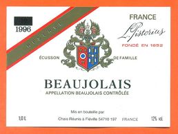 étiquette Vin De Beaujolais Réserve 1996 L Pistorius Chais Réunis à Fléville - 100 Cl - Beaujolais