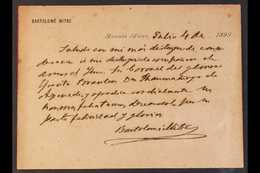 BARTOLOME MITRE SIGNATURE. 1899 Printed Personal Card With Long Manuscript Message, Signed BARTOLOME MITRE, President Of - Autres & Non Classés