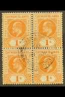 1905 1s Orange Wmk Mult Crown CA, SG 12, BLOCK OF FOUR Very Fine Cds Used. For More Images, Please Visit Http://www.sand - Kaimaninseln