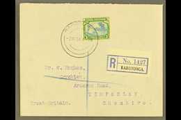 1938 (2nd May) Neat Envelope Registered To England, Bearing 3s Greenish Blue And Green, SG 129, Tied Rarotonga First Day - Islas Cook