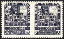 1920 10cor On 10cor Slate-violet Ovptd "Valore Globale", Variety "HORIZONTAL PAIR IMPERF BETWEEN", Sass 111q, Fine Mint. - Fiume