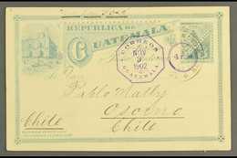 1902 (3 Nov) 3c Bluish-green Postal Stationery Card Commercially Used From Guatemala City To Chile Showing A Fine Violet - Guatemala