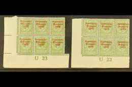 1922-23 9d Olive- Green TWO Corner Control Block Of Six, Each "U23" One Imperf In Left Margin, The Other Perforated (Hib - Altri & Non Classificati