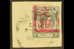 MALACCA 1942 8c Grey With Red Handstamp, SG J49, Very Fine Used Tied To Piece. For More Images, Please Visit Http://www. - Otros & Sin Clasificación