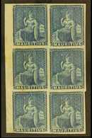 1858 Unissued Blue "Britannia", SG 31, Marginal Mint Block Of 6 (1 Block Of 6) For More Images, Please Visit Http://www. - Mauricio (...-1967)