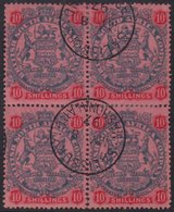 1896-97 10s Slate & Vermilion On Rose Die II, SG 50, Very Fine Cds Used BLOCK Of 4, Minor Perf Splitting, Fresh. (4 Stam - Other & Unclassified