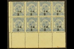 1893 ½d On 1d Dull Blue Surcharge In Black, SG 19, Fine Unused No Gum Lower Left Corner BLOCK Of 8, Fresh & Attractive.  - Tonga (...-1970)