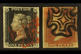 1840/1841 MATCHED PAIR. 1840 1d Black 'OG' Plate 2, And 1841 1d Red-brown 'OG' Plate 2, Each Used With 4 Margins (2 Stam - Unclassified