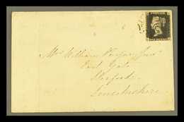 1841 (21 Mar) Env From Yarmouth To Sleaford, Lincs Bearing 1d Intense Black 'CF' Plate 5 (SG 1) With Good Margins Just T - Unclassified