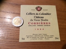 Etiquette Vin «CORBIÈRES -Château Du Vieux Moulin Celliers Du Colombier André Vergues Montbrun Des Corbieres (11)» 1994 - Languedoc-Roussillon