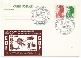 Entier Repiqué - 1,80 Liberté - 40 Ans De Nationalisation EDF-GDF - Philateg International - MARSEILLE 1986 - Cartes Postales Repiquages (avant 1995)