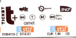 Billet  Issu D'un Carnet Train + Métro + Bus SNCF STIF - Europa