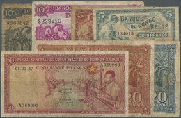 Belgian Congo / Belgisch Kongo: Interesting Lot Of 7 Pieces Containing 5 Francs 1949 (F, Cut Border) - Ohne Zuordnung