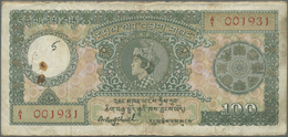Bhutan: Highly Rare 100 Ngultrum P. 4 Note, Used With Folds And Creases, Stain In Paper, Pinholes, N - Bhután