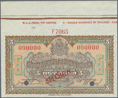 Bulgaria / Bulgarien: 5 Leva 1922 SPECIMEN, P.34s With Border Piece From The Paper Sheet Without Fol - Bulgaria