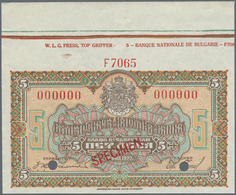 Bulgaria / Bulgarien: 5 Leva 1922 SPECIMEN, P.34s With Border Piece From The Paper Sheet Without Fol - Bulgarien