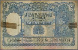 Burma / Myanmar / Birma: Rare Note 100 Rupees ND KGVI Portrait P. 6, Stronger Used With Very Strong - Myanmar