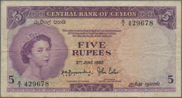 Ceylon: 5 Rupees 1952 With Prefix G/1, P.52, Lightly Stained Paper With Several Folds. Condition: F - Sri Lanka