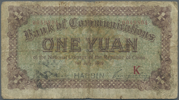 China: Bank Of Communications 1 Yuan 1919 Ovpt. Harbin P. 125a, Stronger Used With Folds And Stained - China