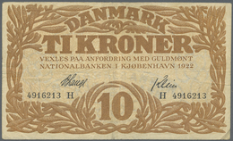 Denmark  / Dänemark: 10 Kroner 1922 P. 21n, Rarer Early Date With Vertical And Horizontal Folds, No - Denmark