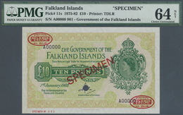 Falkland Islands / Falkland Inseln: 10 Pounds 1975-82 TDLR Specimen No.001 A 00000, P.11s PMG 64 Cho - Isole Falkland