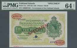 Falkland Islands / Falkland Inseln: 10 Pounds 1975-82 TDLR Specimen No.001 A 00000, P.11s PMG 64 Cho - Falkland