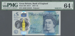 Great Britain / Großbritannien: 5 Pounds 2015 Polymer, P.394 With Solid Number AH46 444444 PMG 64 Ch - Andere & Zonder Classificatie