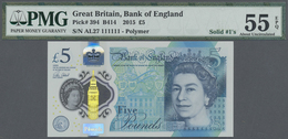 Great Britain / Großbritannien: 5 Pounds 2015 Polymer, P.394 With  Solid Number AL27 111111 PMG 55 A - Autres & Non Classés