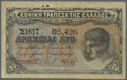 Greece / Griechenland: 2 Drachmai 1917 P. 302, Used With Folds And Staining In Paper, Rare With Red - Grecia