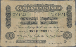 India / Indien: 100 Rupees CALCUTTA February 21st 1919, P.A17c, Taped Tears. Condition: F- RARE! - India