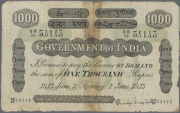 India / Indien: 1000 Rupees BOMBAY June 2nd 1913, P.A19, Extraordinary Rare Note With Taped Tears An - India