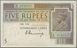 India / Indien: 5 Rupees ND Sign. Denning P. 4a, Only A Very Light Center Bend, Small Hole At Right - India