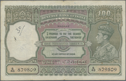 India / Indien: 100 Rupees ND(1937-43) MADRAS Issue P. 20o, Used With Folds, 3 Larger Pinholes At Le - Indien