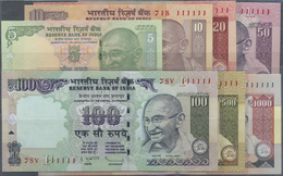 India / Indien: Set Of 7 Notes From 5 To 1000 Rupees 2012 P. 94A To 100, All With Interesting Serial - Indien