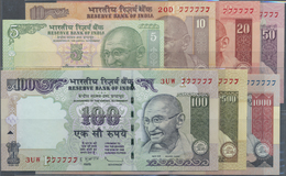 India / Indien: Set Of 7 Notes From 5 To 1000 Rupees 2012 P. 94A To 100, All With Interesting Serial - India