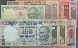 India / Indien: Set Of 7 Notes From 5 To 1000 Rupees 2012 P. 94A To 100, All With Interesting Serial - Indien