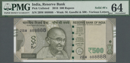 India / Indien: 500 Rupees 2016 P. New With Solid Serial Number #2BW 888888 In Condition: PMG Graded - India