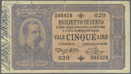 Italy / Italien: 5 Lire L.1882 P. 18b, 2 Stonger Vertical Folds, Probably Pressed, No Holes, Small P - Altri & Non Classificati