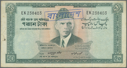 Bangladesh: Rare Note 50 Rupees Pakistan With Bangladesh Overprint P. 3C, Used With Folds, Tear Beca - Bangladesch