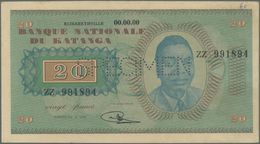Katanga: 20 Francs 1960 Specimen P. 6s, Unfolded But Light Handling In Paper, Condition: AUNC. - Altri – Africa