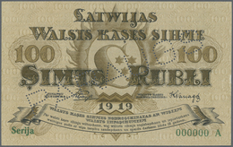 Latvia / Lettland: Rare SPECIMEN Note Of 100 Rubli 1919 P. 7a-b,s, Series "A", Sign. Purins, Zero Se - Latvia