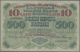 Latvia / Lettland: 10 Latu On 500 Rubli 1920 P. 13, Highly Rare With Very Low Serial #A000009, 9th E - Latvia