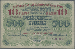 Latvia / Lettland: 10 Latu On 500 Rubli 1920 P. 13, Highly Rare With Very Low Serial #A000009, 9th E - Letland