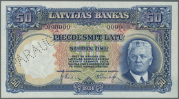 Latvia / Lettland: 50 Latu 1934 SPECIMEN P. 20s, With Zero Serial Numbers, Sign. Klive, Perforation - Lettonia